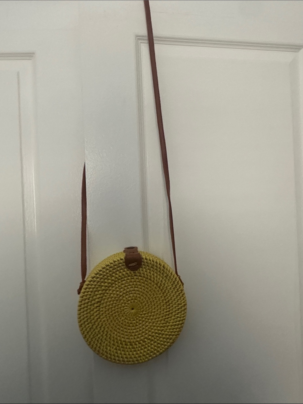 Round Woven Crossbody Bag in Yellow with Brown Strap